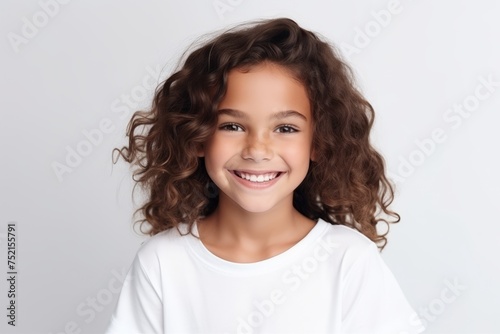 Portrait of a cute little girl with curly hair, isolated on grey background