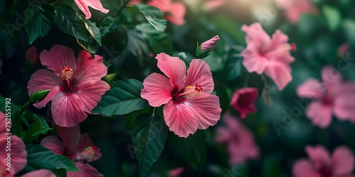 Blooming magenta hibiscus flowers on lush green bush in a vibrant summer garden. Concept Gardening  Flowers  Summer  Landscape  Colorful