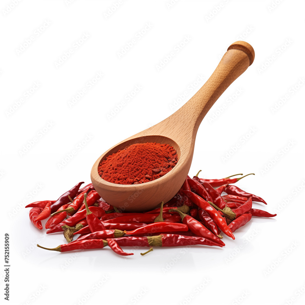Paprika powder spices on spoons isolated on a white background Paprika powder spices on spoons isolated on a white background