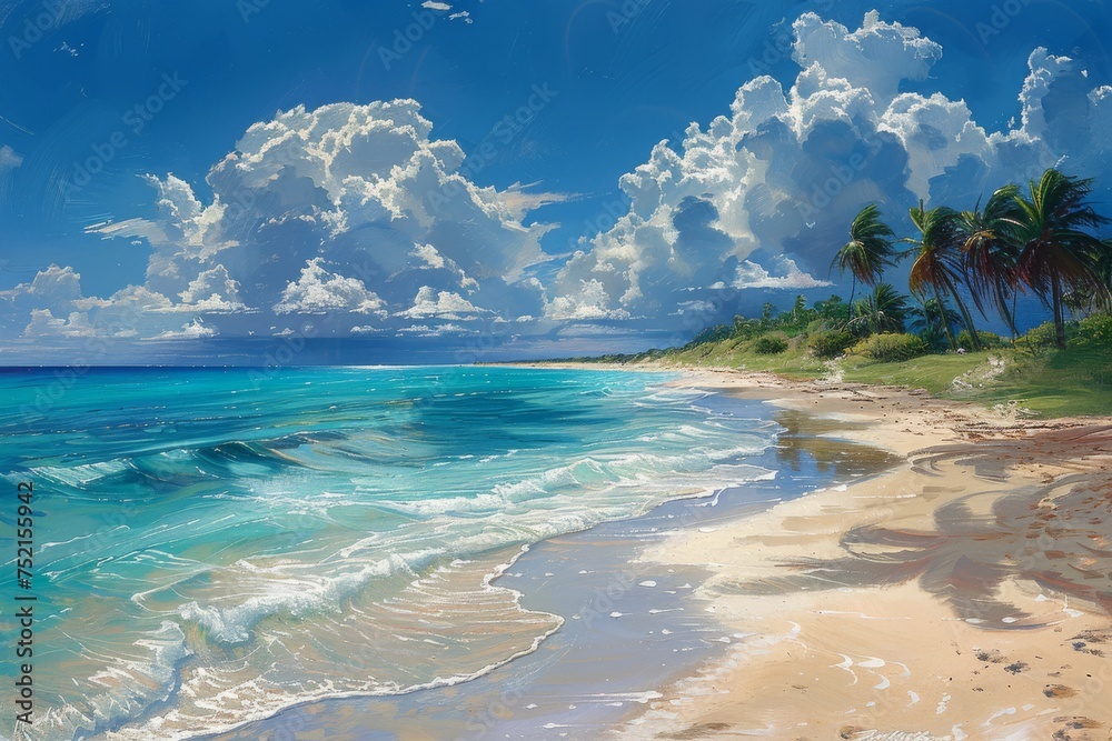 Anime Sky above the Shore: White Clouds over the Beach, Detailed Perfection in Realistic Renderings