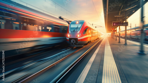 Blurred motion of a high-speed train at sunset, transportation future.