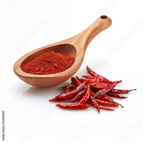 Paprika powder spices on spoons isolated on a white background