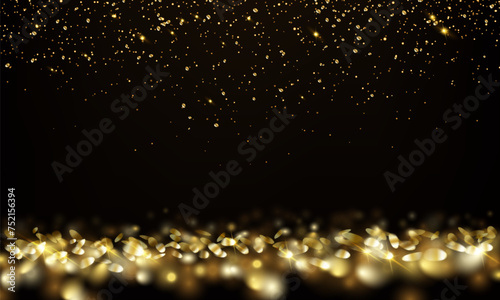 Golden dust in darkness realistic vector illustration. Shining glitter flying and falling 3d design. Elegant Christmas decor on black background