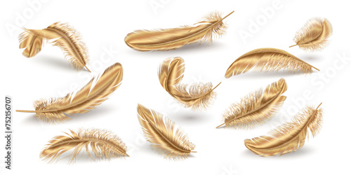 Golden scattered feathers realistic vector illustration set. Shiny plumage details variations. Elegant quills 3d elements on white background