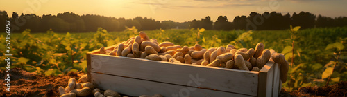 Peanuts harvested in a wooden box in a plantation with sunset. Natural organic fruit abundance. Agriculture, healthy and natural food concept. Horizontal composition, banner.