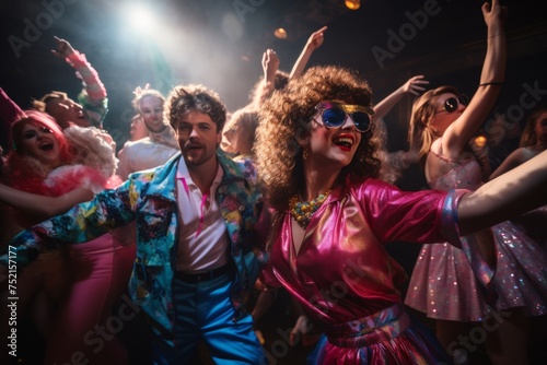 diverse people dancing at 80s style party with confetti having fun and enjoying life. Nightlife and clubbing. 