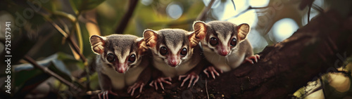 Sugar gliders in the forest with setting sun shining. Group of wild animals in nature. Horizontal, banner.