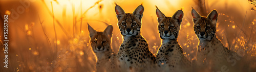 Serval family in the savanna with setting sun shining. Group of wild animals in nature. Horizontal, banner. © linda_vostrovska