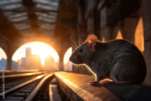 rat in metro underground tunnel in big city in the morning. Rats on the rise urban  issue.  © Dina