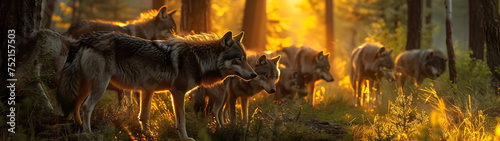 Wolf family in the forest with sunset. Group of wild animals in nature. Horizontal, banner. © linda_vostrovska