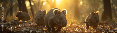 Wombat family in the forest with setting sun shining. Group of wild animals in nature. Horizontal, banner.
