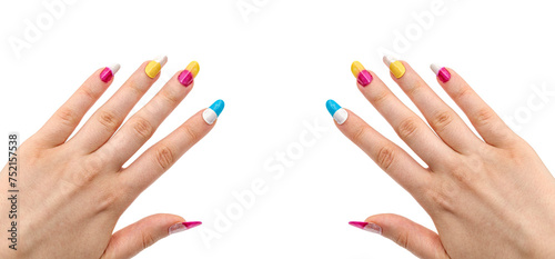 girls hand with Two-tone manicure on white background