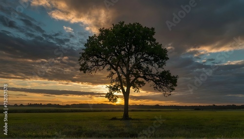 Wide angle shot of a single tree growing under a clouded sky during a sunset surrounded by grass