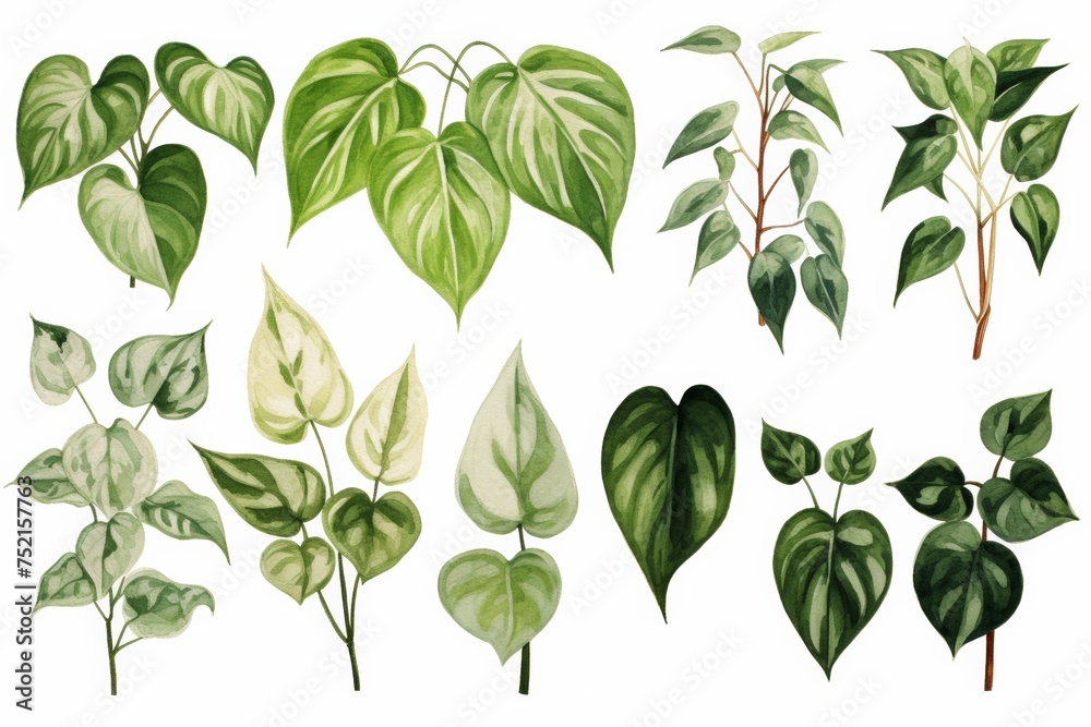 green pothos plant leaves  botanical illustration. easy plants to grow - houseplants hobby. Epipremnum aureum. - obrazy, fototapety, plakaty 