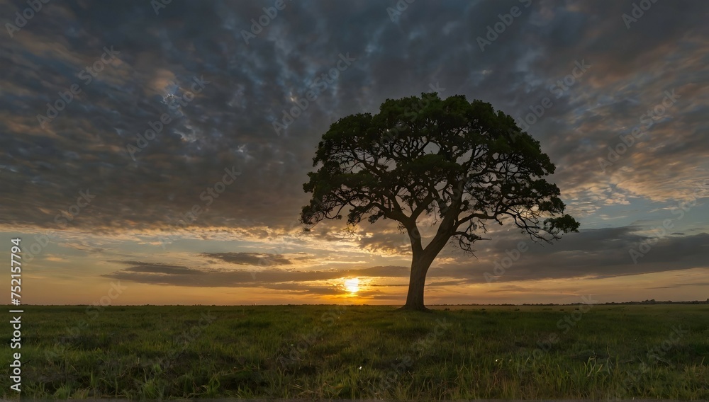 Wide angle shot of a single tree growing under a clouded sky during a sunset surrounded by grass Wide angle shot of a single tree growing under a clouded sky during a sunset surrounded by grass