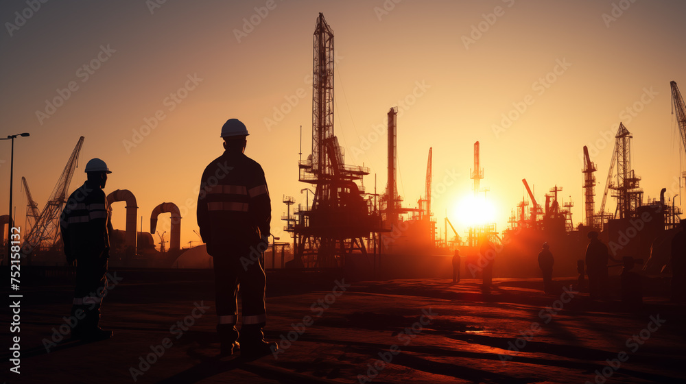Engineer with hardhat at industrial facility during sunset, concept of energy and engineering.