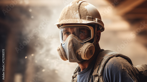 firefighter with protective helmet and mask amidst smoke, bravery and occupation hazards.