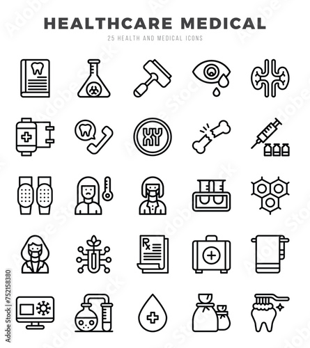 HEALTHCARE MEDICAL Lineal icons collection. 25 icon set. Vector illustration.