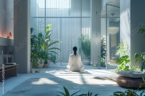 Person meditating in a tranquil indoor garden. photo