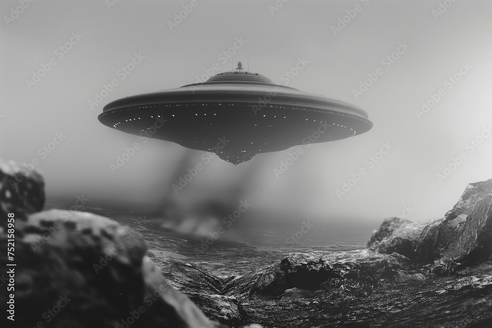 black and white retro documentary photo of UFO in the sky in the fog in mountains black and white retro documentary photo of UFO in the sky in the fog in mountains