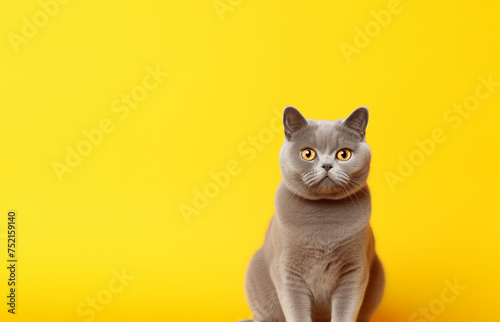 chat gris de la race british shorthair, de face, avec les yeux jaunes, sur fond jaune avec espace négatif pour texte, copy space. photo