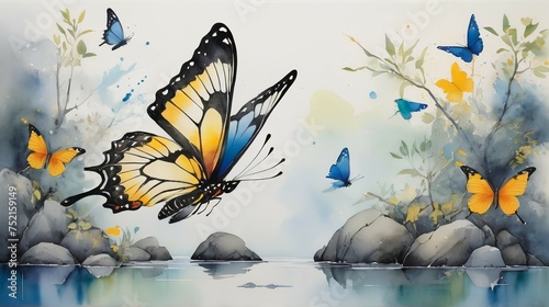 watercolor butterflies on the lake