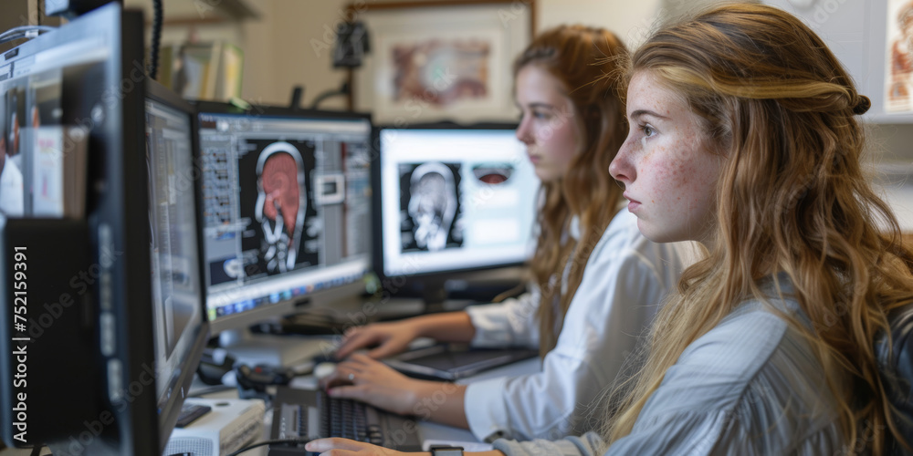 two women are working on computer using mris two women are working on computer using mris