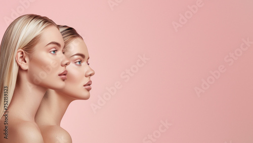 Side view of twin women with sleek hairstyles and beauty makeup against a pink hue, symbolizing perfection and grace