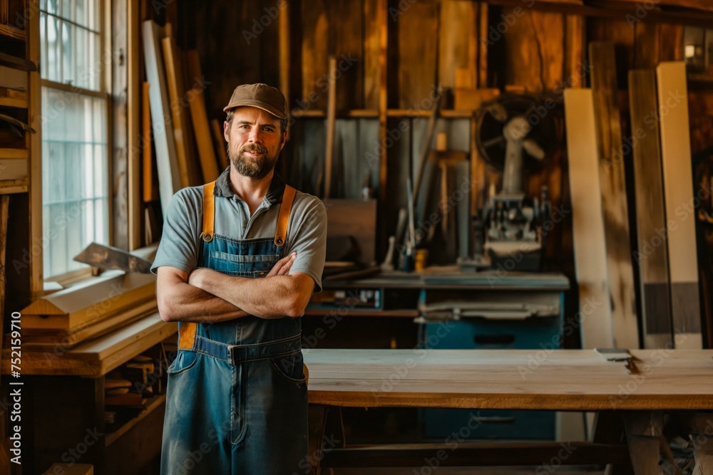 Confident carpenter standing in his workshop with his arms crossed