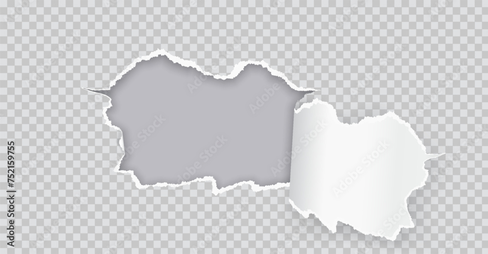Torn paper hole over grey backdrop realistic vector illustration. Wrecked document sheet frame edge 3d object on transparent background