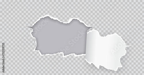 Torn paper hole over grey backdrop realistic vector illustration. Wrecked document sheet frame edge 3d object on transparent background