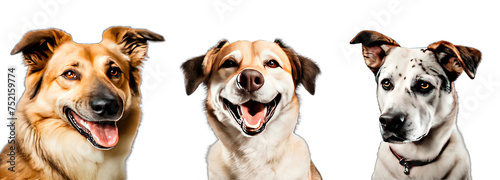 Three grinning dogs with warm expressions, each with distinctive fur markings, in PNG format with transparent backgrounds. Dogs on white  photo