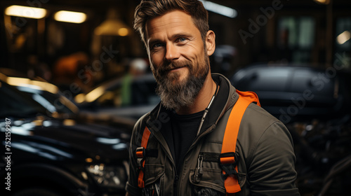 Smiling bearded auto mechanic stands against the backdrop of a car workshop