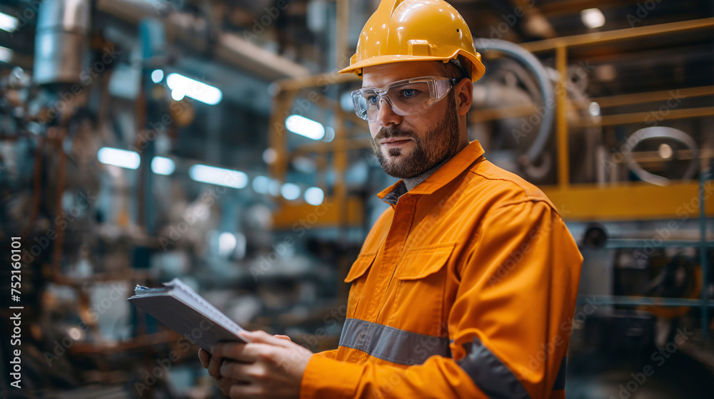 Focused engineer in hard hat and safety glasses holding clipboard in industrial setting. Focused engineer in hard hat and safety glasses holding clipboard in industrial setting.