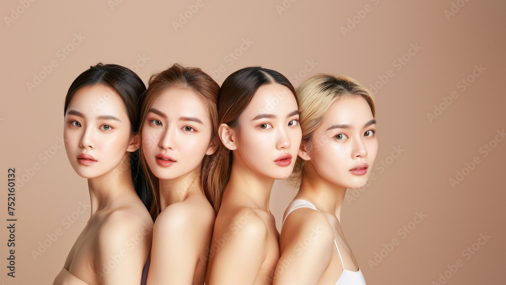 Obraz premium A quartet of Asian women with natural makeup posing for an elegant beauty portrait