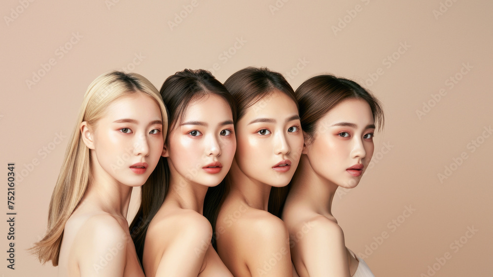 Close-up of four attractive Asian women showcasing natural makeup and elegance on a soft backdrop