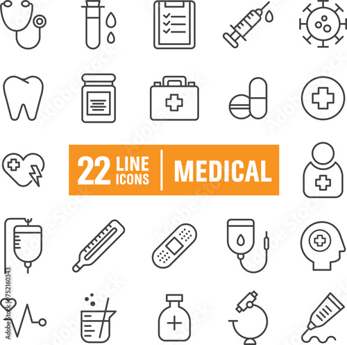 healthcare equipment medical icons set line fill