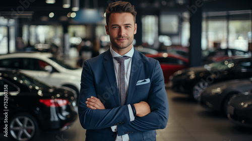 Smiling bearded sales consultant against the backdrop of luxury vehicles in a car showroom © amixstudio