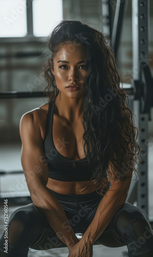 very muscular woman sitting tired on a chair in gym