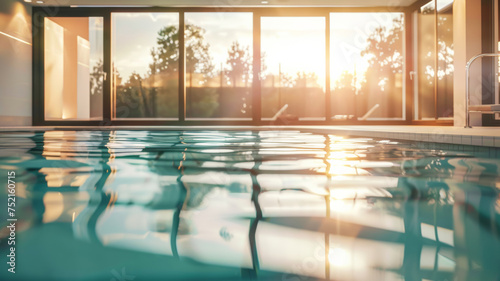 Indoor swimming pool at sunset with light reflections on tranquil water surface.