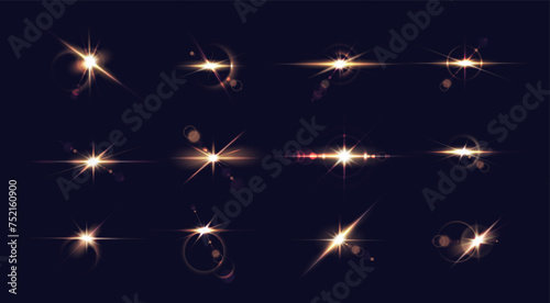 Golden light sparkles realistic vector illustration set. Bright color stars flashes in cosmos 3d elements on dark blue background. Glaring traces