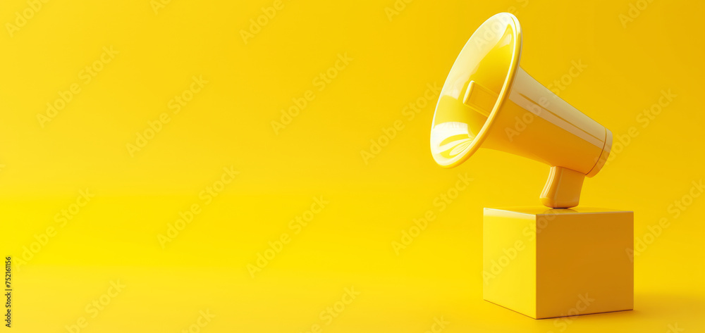 Yellow megaphone loudspeaker symbol on a yellow cube block against yellow background with copyspace for text