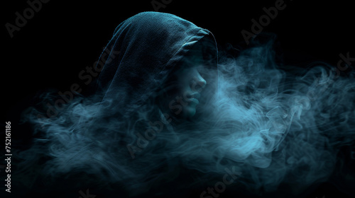 woman invisible in a hood on isolated black background smoke blue purple