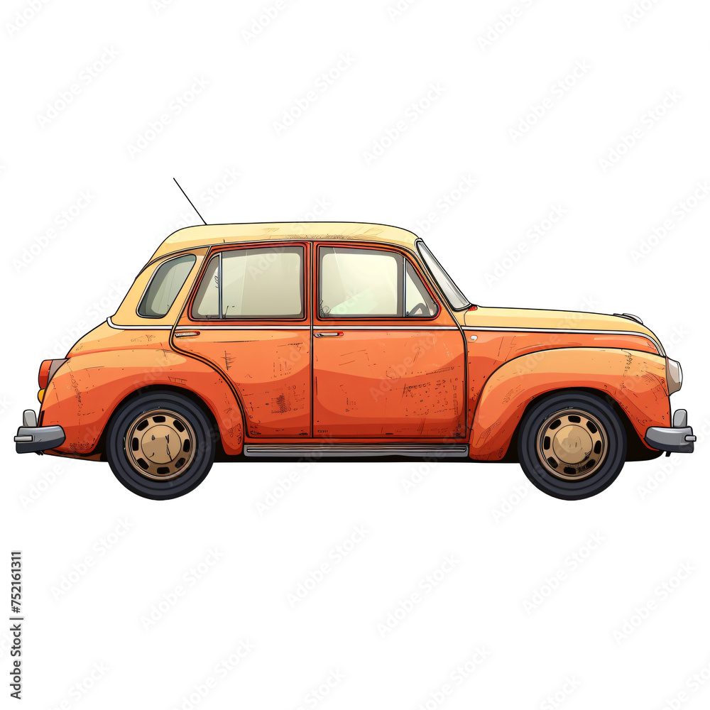 Antique orange car with cream roof side profile illustration isolated on transparent background PNG. Vintage vehicle design for posters and collectibles.