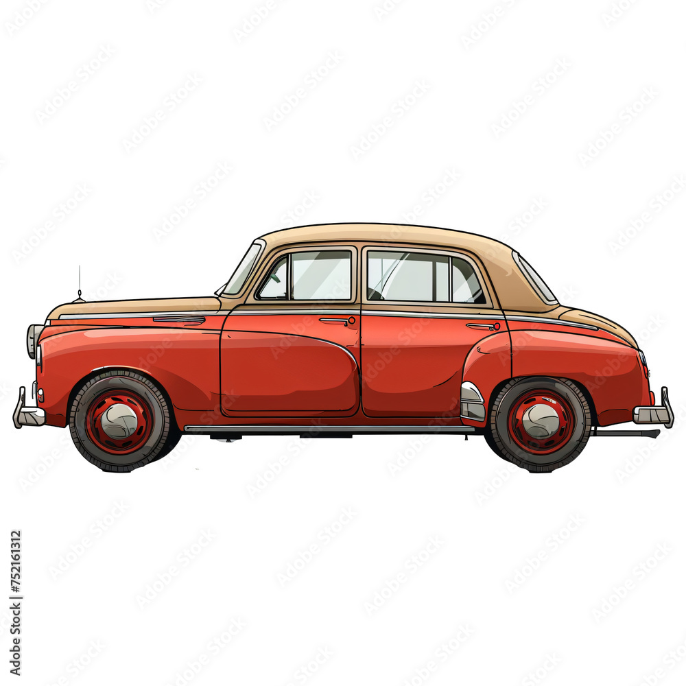 Classic red sedan with beige top side view illustration on transparent ...