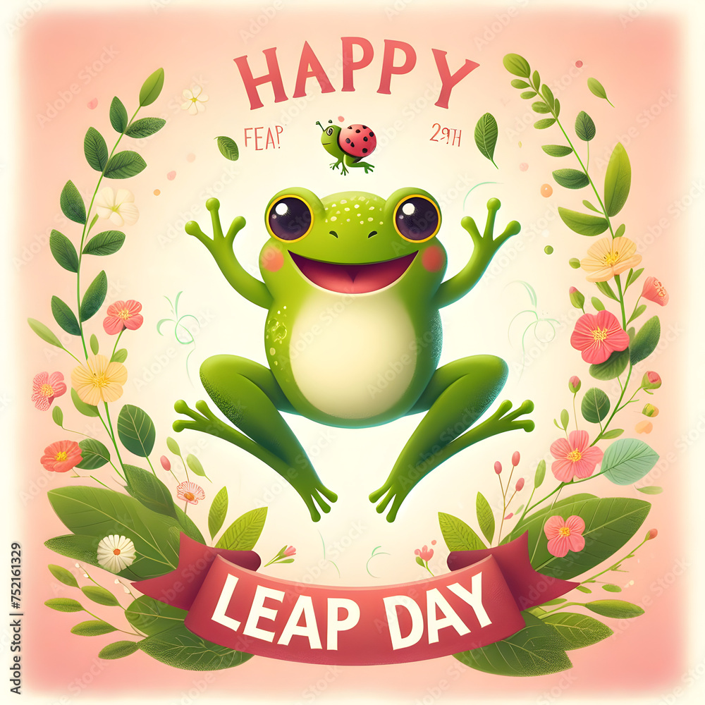 Happy green frog jumping on a pastel spring background with the text 