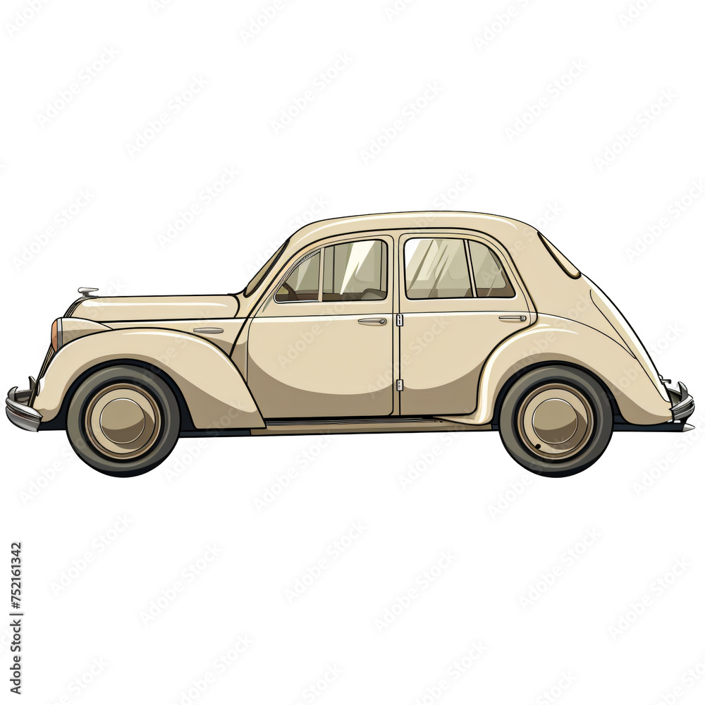 Old-Styled Beige Compact Car Illustration. Side View of Vintage Small Automobile on transparent background PNG. Classical Car Concept for Prints and Collectibles.