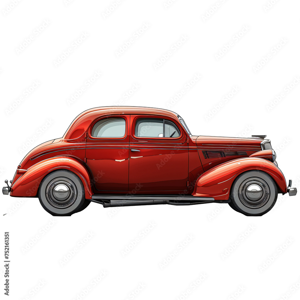 Classic Red Two-Door Coupe Car Illustration. Side View of a Vintage Automobile on a transparent background PNG. Retro and Nostalgic Auto Design for Posters and Collectibles.