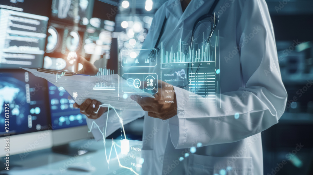 Futuristic medical technology with doctor analyzing digital health data. Futuristic medical technology with doctor analyzing digital health data.