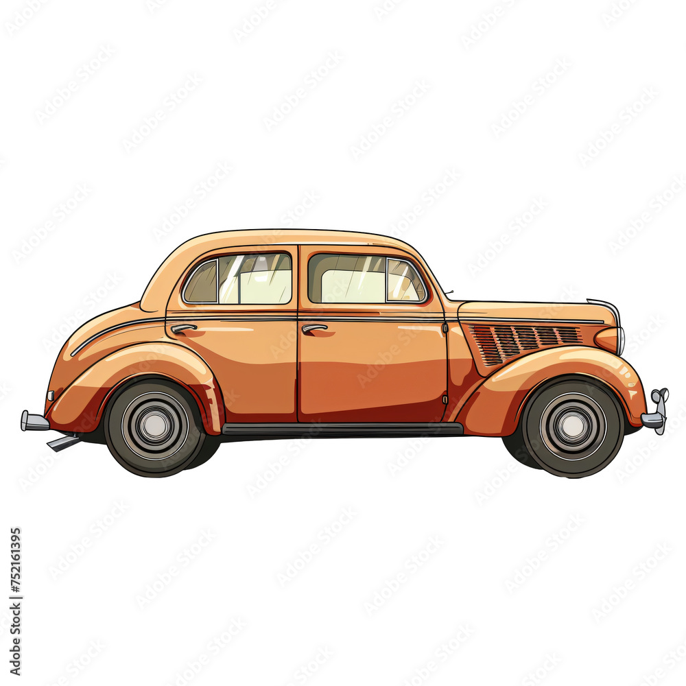 Vintage red sedan with distinctive grills and white-wall tires. Classic 1930s car illustration isolated on transparent background. Retro automotive design concept. Design for collector's print, poster